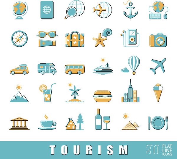 مجموعه ای از نمادهای گردشگری خط تخت با کیفیت برتر مجموعه ای از نمادها برای سفر سفر تعطیلات سفرها وسایل حمل و نقل مجموعه عناصر اینفوگرافیک گرافیک وب