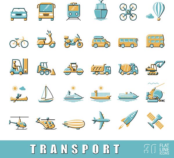 مجموعه ای از نمادهای حمل و نقل وسایل حمل و نقل مختلف جاده ای ریلی هوایی آبی انواع وسایل نقلیه مجموعه ای از آیکون های وکتور خط مسطح