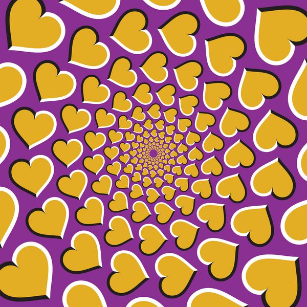 پس زمینه توهم نوری قلب های طلایی به صورت دایره ای از مرکز روی زمینه بنفش حرکت می کنند پس زمینه قلب های طلایی