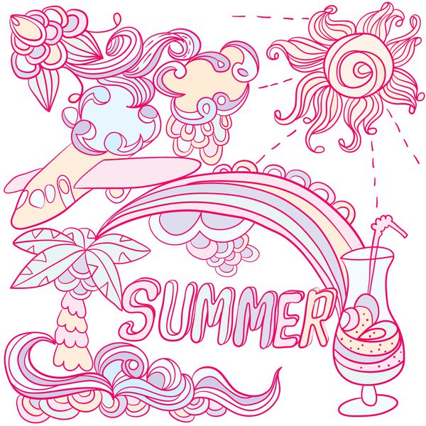 وکتور از یک تم تابستانی کارت پستال یا پوستر وکتور دودل تعطیلات عناصر طراحی