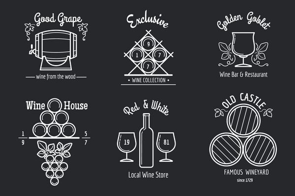 مجموعه لوگو خط شراب تابلوهای خط نازک شراب سازی یا شراب سازی برای منو بار شراب یا رستوران شراب وکتور