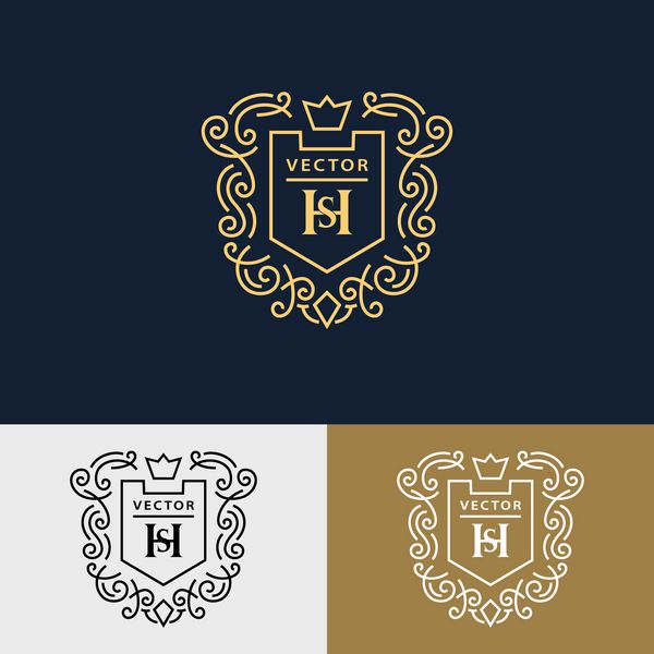 مونوگرام گرافیک خطی طراحی آرم هنری زیبا حرف SH قالب برازنده علامت تجاری هویت برای رستوران سلطنتی بوتیک کافه هتل هرالدیک جواهرات مد عناصر برداری