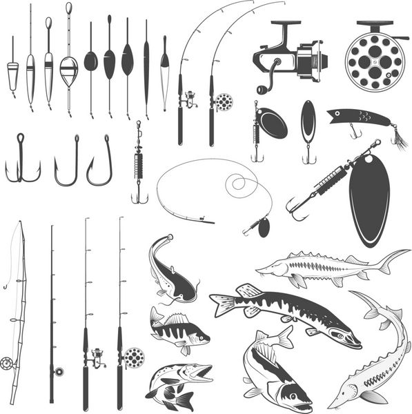مجموعه ای از ابزار ماهیگیری نمادهای ماهی رودخانه تجهیزات برای ماهیگیری D