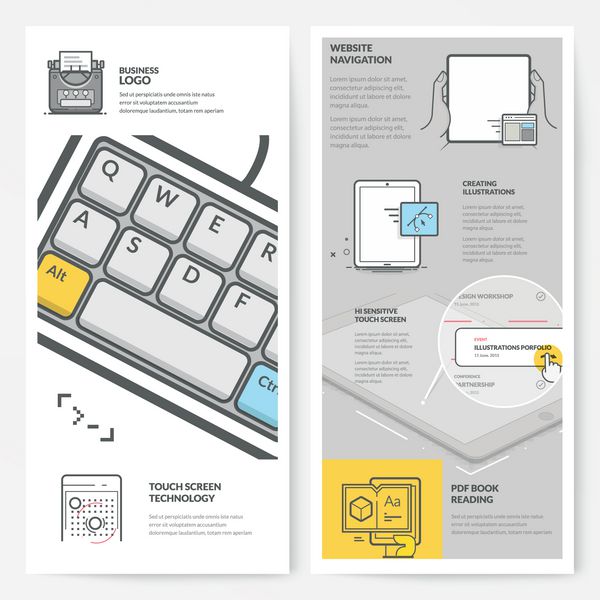 الگوی طرح‌بندی بروشور تجاری با نمادهای مفهومی فناوری صفحه لمسی