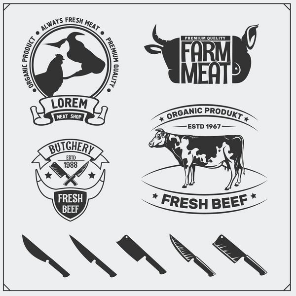 وکتور برچسب های گوشت لوگوهای کسب و کار قصابی سیلوئت حیوانات مزرعه