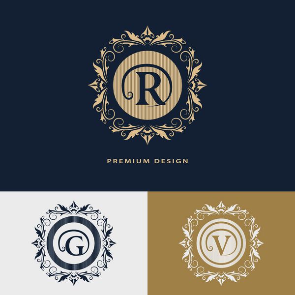 الگوی لوگوی لوکس خطوط تزئینی زیبای خوشنویسی را شکوفا می کند حرف R G V علامت تجاری هویت برای رستوران سلطنتی بوتیک هتل هرالدیک جواهرات مد وکتور