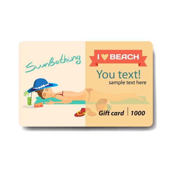 زنی در ساحل روی ماسه آفتاب می گیرد فروش کارت هدیه تخفیف ب