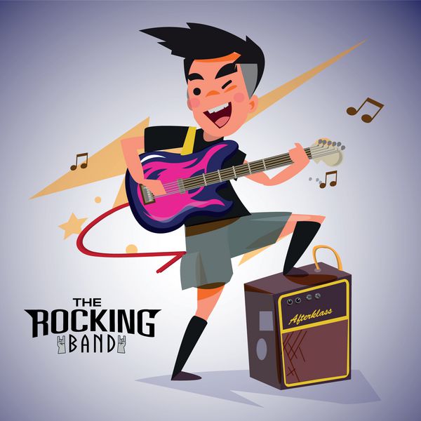 گیتاریست با احساسات روشن در حال نواختن گیتار الکتریک راک در نزدیکی آمپر طراحی شخصیت طراحی سنگ تایپوگرافی - وکتور