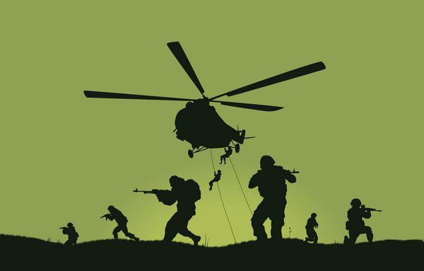 تصویر سربازانی که قصد حمله دارند و هلیکوپترها