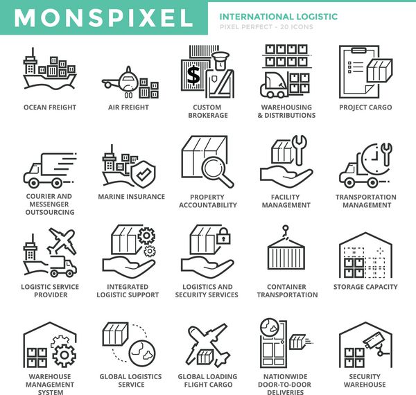 مجموعه آیکون های خط نازک تخت از لجستیک بین المللی نمادهای پیکسل کامل مفهوم لوگوی وکتور بسته پیکتوگرام تک خطی ساده برای گرافیک وب
