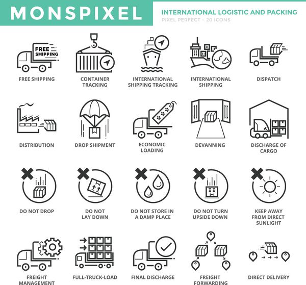 مجموعه آیکون های خط نازک تخت از لجستیک و بسته بندی بین المللی نمادهای پیکسل کامل مفهوم لوگوی وکتور بسته پیکتوگرام تک خطی ساده برای گرافیک وب