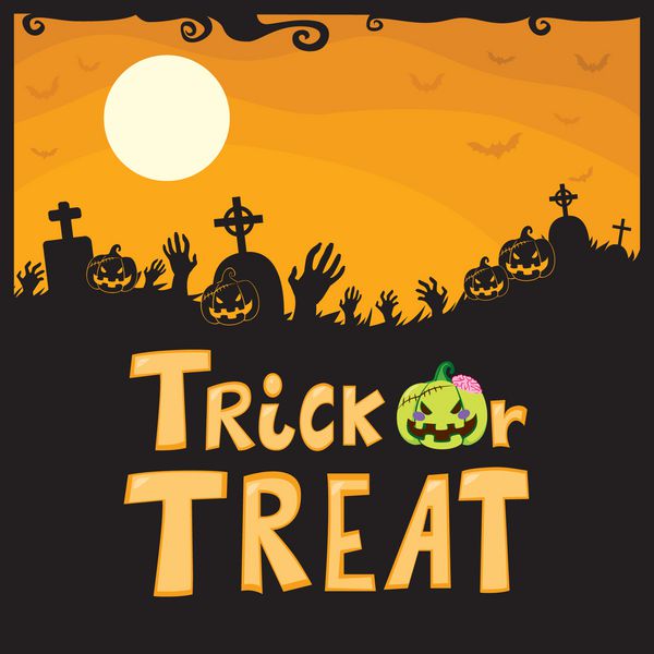 طراحی گورستان با تم هالووین با دست‌های زامبی که از قبرستان خزنده برمی‌خیزند و کدو تنبل‌های ترسناک با متن ترفند یا درمان
