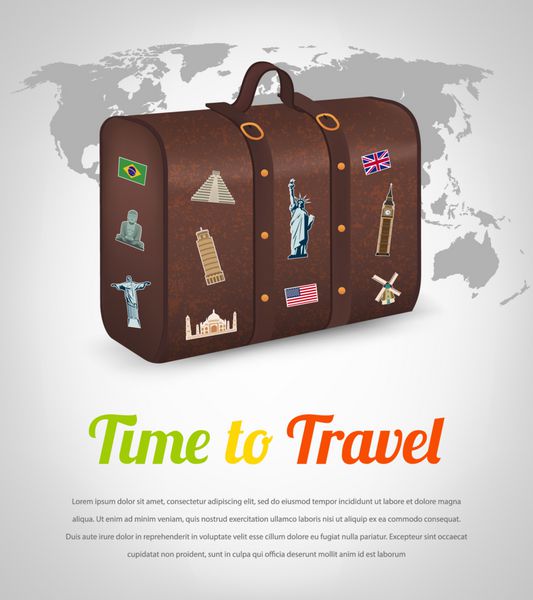 چمدان قدیمی با مجموعه ای از برچسب های سفر سفر و گردشگری پس زمینه سفر بردار