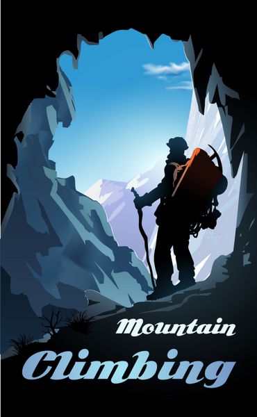 پوستر کوه نوردی کوهنورد با کوله پشتی و پانورامای کوه وکتور
