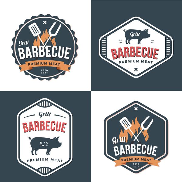 مجموعه ای از نشان ها برچسب ها و آرم ها برای رستوران غذافروشی گوشت خوک و باربیکیو طراحی ساده و مینیمال وکتور