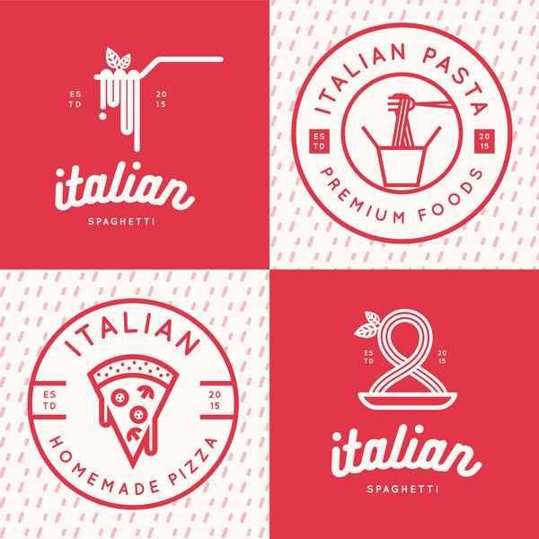 مجموعه ای از لوگوی غذای ایتالیایی نشان ها بنرها نشان فست فود پیتزا اسپاگتی رستوران پاستا وکتور