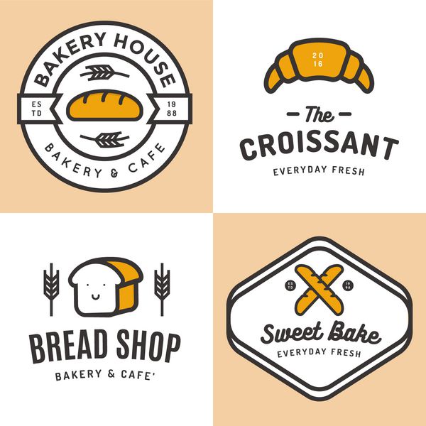 مجموعه ای از نشان ها بنر برچسب ها آرم ها نمادها اشیاء و عناصر برای نان مغازه نانوایی کروسان نماد باگت با الگوی بدون درز وکتور
