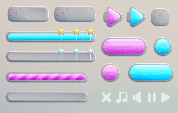 مجموعه ای از دکمه های چوبی کارتونی نوارهای پیشرفت و آیکون هایی با عناصر شیشه ای براق برای طراحی بازی و اپلیکیشن اشکال و فلش های مختلف