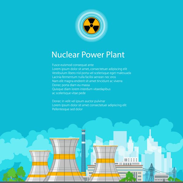 نیروگاه هسته ای در پس زمینه شهر نیروگاه حرارتی راکتور هسته ای و خطوط برق بروشور پوستر طراحی بروشور تابلوی تشعشع وکتور