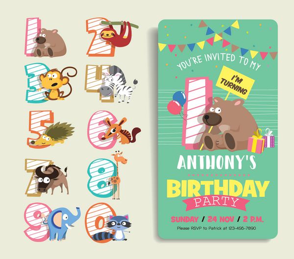 الگوی کارت دعوت جشن تولد شماره های سالگرد تولد با شخصیت حیوانات خنده دار