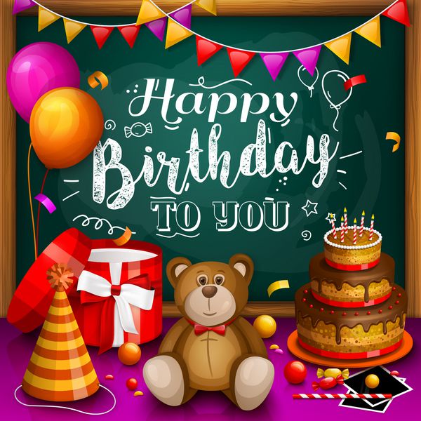 کارت تبریک تولدت مبارک جعبه هدیه رنگارنگ هدیه های زیادی کلاه مهمانی قاب عکس حباب صابون خرس عروسکی کیک توپ بازی و قاب چوبی تخته سیاه تخته سیاه برای متن شما بردار