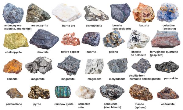 مجموعه ای از مواد معدنی خام و سنگ معدن با نام های جدا شده