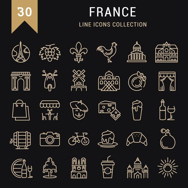 مجموعه وکتور آیکون های خط مسطح فرانسه و پاریس