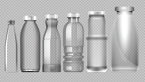 مجموعه وکتور بطری شیشه ای شفاف ماکت شیر آبمیوه و آب برای طرح شما آماده است
