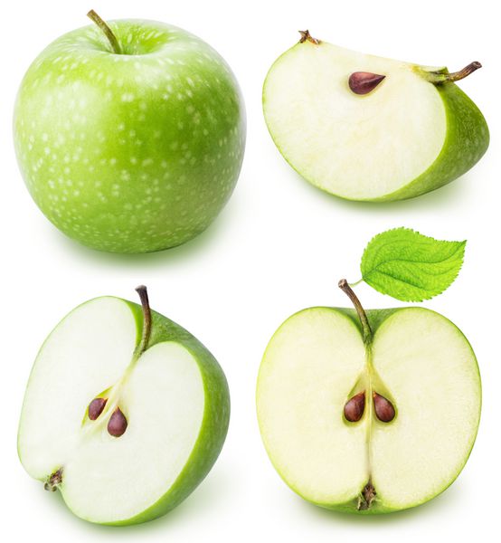 مجموعه سیب برش سبز جدا شده در پس زمینه سفید