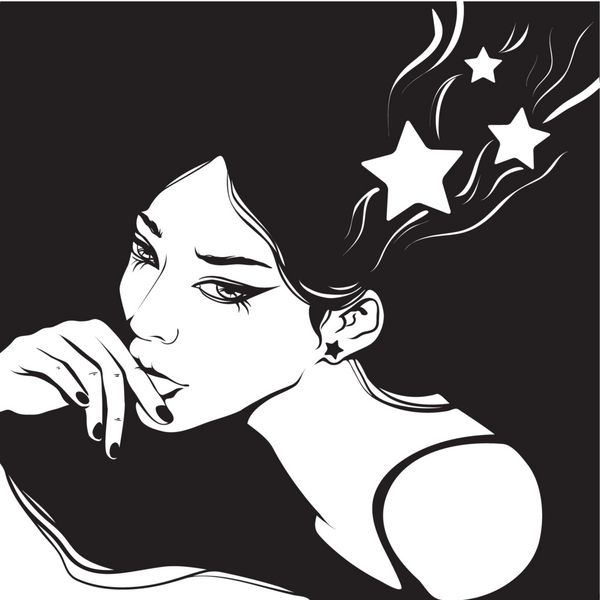 دختر متفکر گرافیک سیاه و سفید با موهای حجمی و ستاره در موهایش