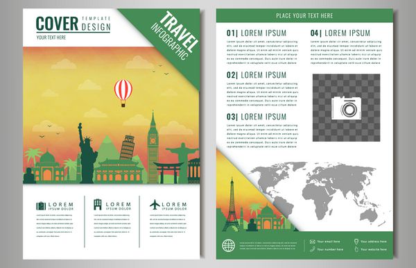 طراحی بروشور سفر با نقاط دیدنی معروف و نقشه جهان الگوی مفهوم تجارت سفر و گردشگری بردار