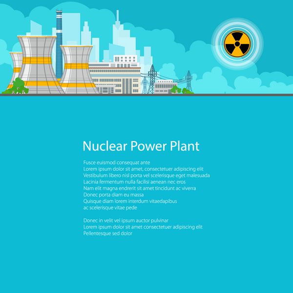 نیروگاه هسته ای در پس زمینه شهر نیروگاه حرارتی انتقال نیروی برق از نیروگاه هسته ای بروشور پوستر طرح بروشور متن روی زمینه آبی وکتور