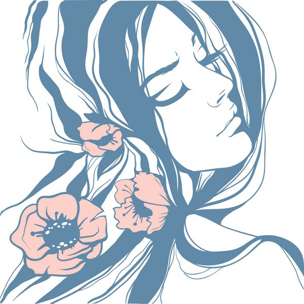 دختر گرافیکی در رنگ های پاستلی با گل های صورتی در موهایش در زمینه سفید