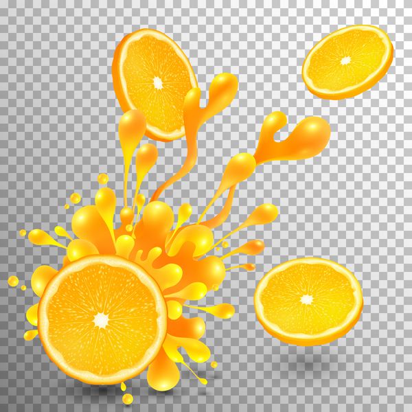 تکه پرتقال با چلپ چلوپ آبدار در پس زمینه شبکه شفاف
