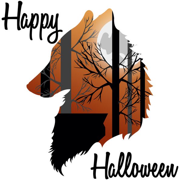 پوستر هالووین با سر گرگ و جنگل در پس زمینه