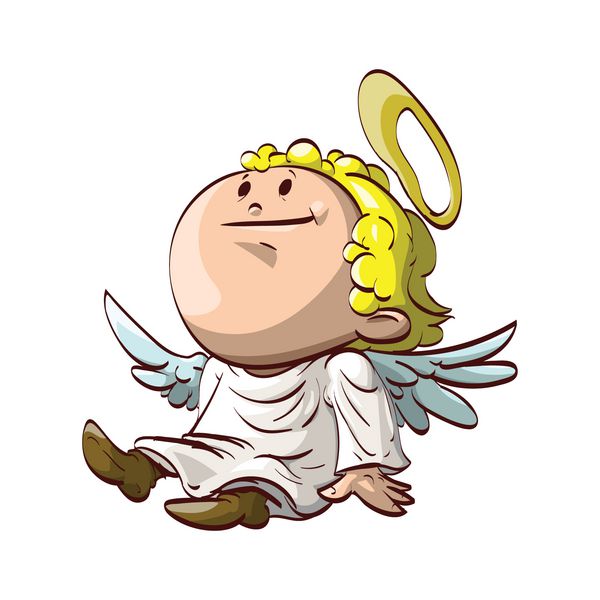 وکتور رنگارنگ از یک فرشته کارتونی بامزه نشسته و ردای سفید پوشیده است