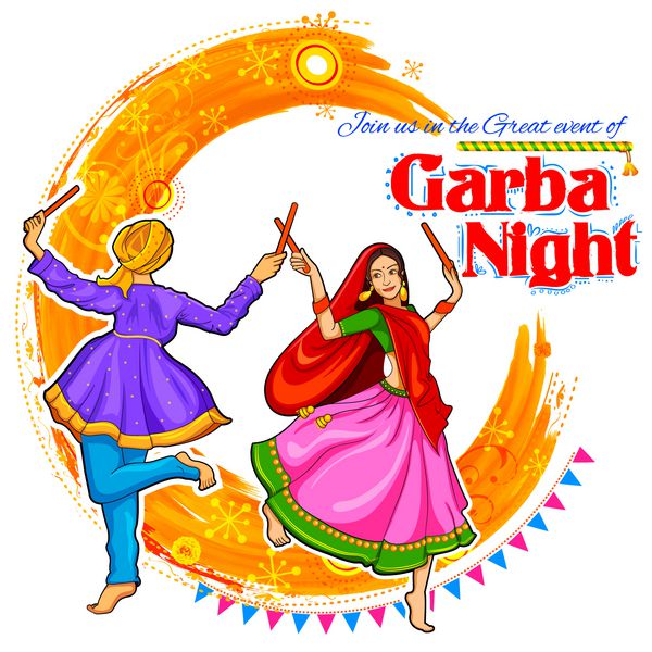 زن و شوهر در حال نواختن Dandiya در دیسکو Garba Night پوستر جشنواره Navratri Dussehra هند