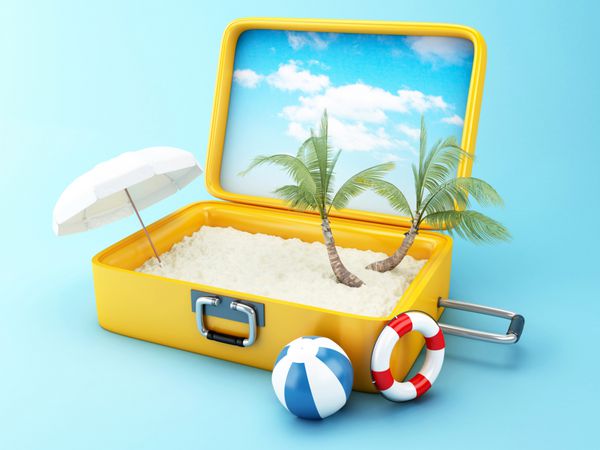 چمدان سفر مفهوم تعطیلات ساحلی