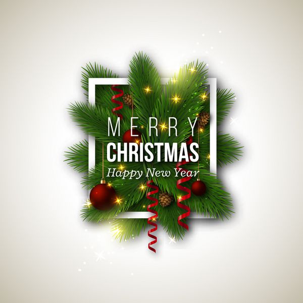 طرح کریسمس قاب سفید واقع گرایانه و متن با سایه تزئین درخت کاج سال نو توپ قرمز نور درخشان مخروط های صنوبر وکتور