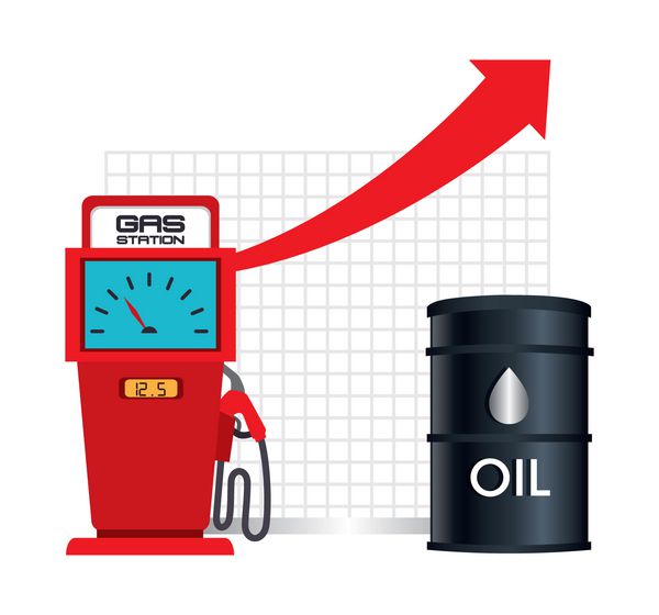 پمپ پمپ بنزین با فلش قرمز مالی به بالا و قوطی روغن طراحی قیمت نفت وکتور