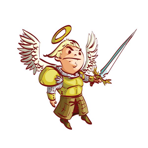 وکتور رنگارنگ یک فرشته کارتونی با یک زره طلایی و یک شمشیر کریستالی