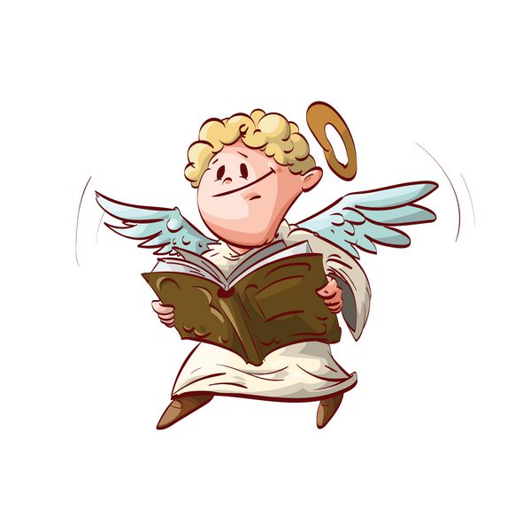 وکتور رنگارنگ از یک فرشته زیبا کارتونی که کتابی را در دست دارد و می خواند