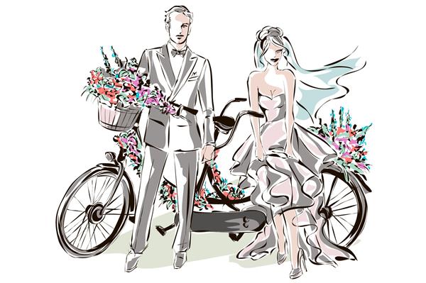 دعوت نامه روز عروسی با زوج شیرین در نزدیکی دوچرخه پشت سر هم وکتور