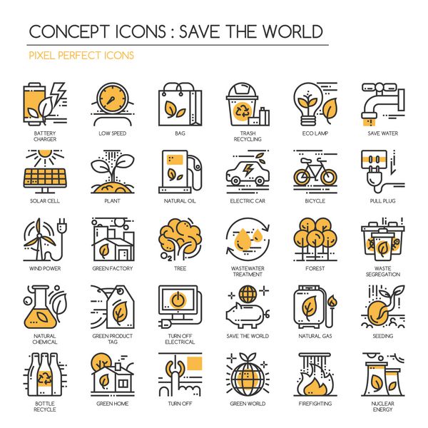 جهان را نجات دهید نمادهای خط نازک تنظیم شده اند نمادهای Pixel Perfect