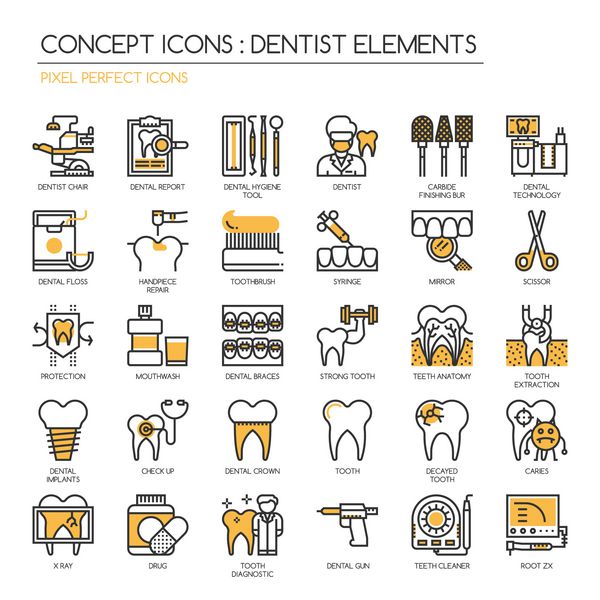 عناصر دندانپزشک خط نازک و نمادهای پیکسل کامل