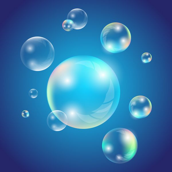 حباب های شفاف صابون یا آب حباب های صابون واقعی با وکتور جدا شده از مجموعه بازتاب رنگین کمان