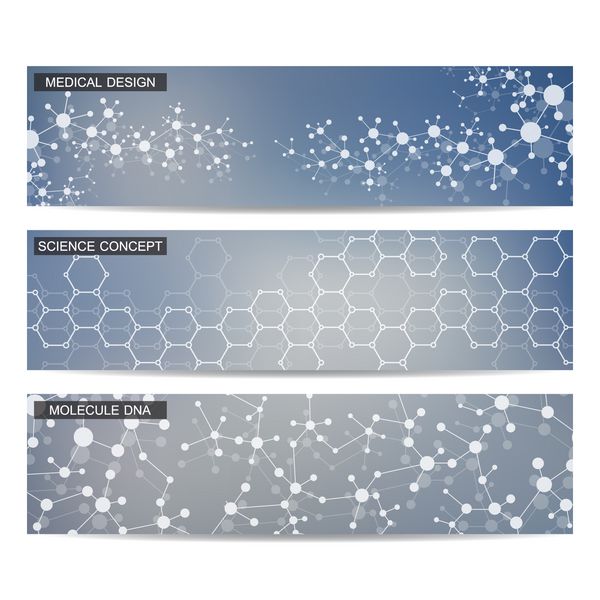 مجموعه ای از بنرهای علمی مدرن ساختار مولکولی DNA و نورون ها پس زمینه انتزاعی پزشکی علم فناوری وکتور برای طرح شما