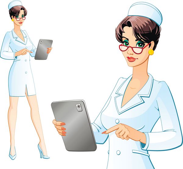 دکتر زن جوان دانشمند دستیار که روی رایانه لوحی کار می کند