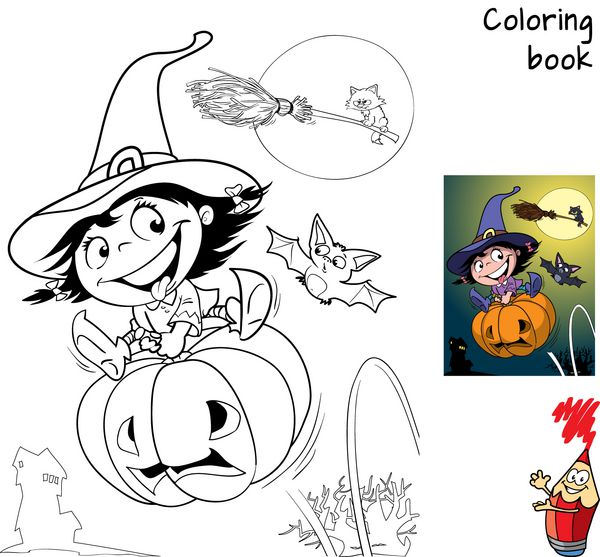 دختر جادوگر ناز که روی کدو تنبل می پرد گربه سیاه روی جارو ماه و خفاش کتاب رنگ آمیزی وکتور کارتونی هالووین