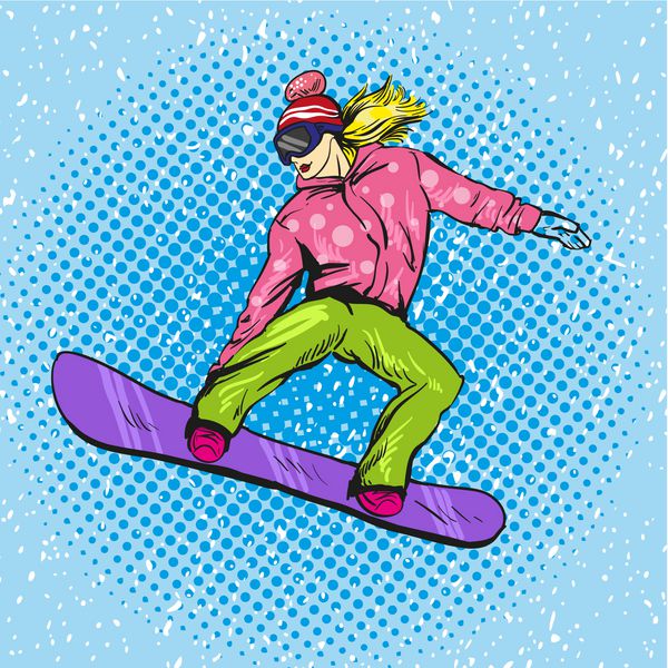 اسنوبرد زن در کوه وکتور به سبک پاپ آرت رترو مفهوم تعطیلات ورزش های زمستانی پرش دختر با اسنوبرد